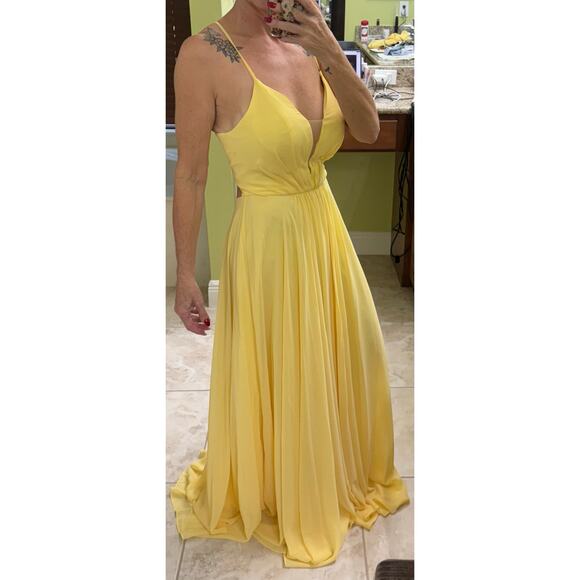 Abby Paris formal Gown 8 Butter Cup yellow Illusion plunging open back NWT $338 - Picture 14 of 15